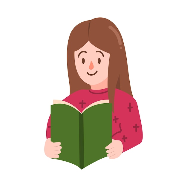 Woman or girl reading a book and wearing pink sweather