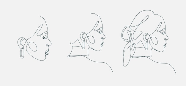 Woman head portrait set Continuous line drawing