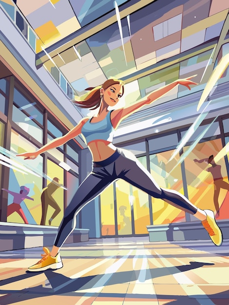 a woman is dancing in a gym with a picture of a woman doing a jump rope