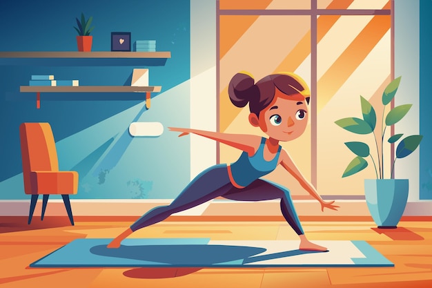 Vector a woman is doing yoga in a room with a potted plant