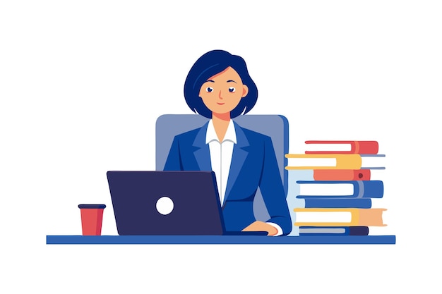 Vector a woman is sitting at a desk with a laptop and a stack of books