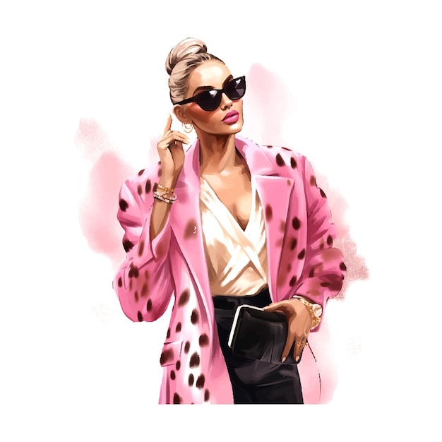 Vector woman in a leopard print jacket and sunglasses talking on a cell phone womens day