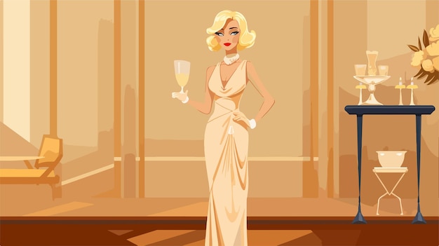 Vector a woman in a long dress with a glass of wine