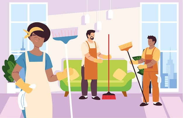 Woman and men in cleaning service at windows illustration desing