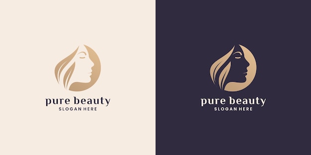 Woman and natural leaf logo design for nature cosmetic with golden color