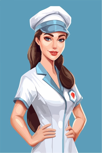 Woman nurse in a blue uniform with a red heart on her chest.