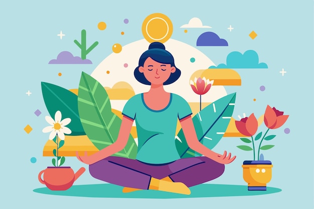 Vector a woman practicing meditation in a tranquil garden setting surrounded by colorful plants and flowers during a sunny day