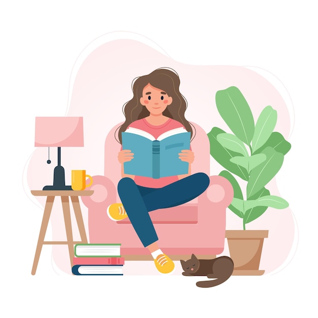 Woman reading a book on a chair, relaxing at home. Cute vector illustration in flat style