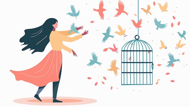 Vector woman releasing birds from cage cartoon vector illustration