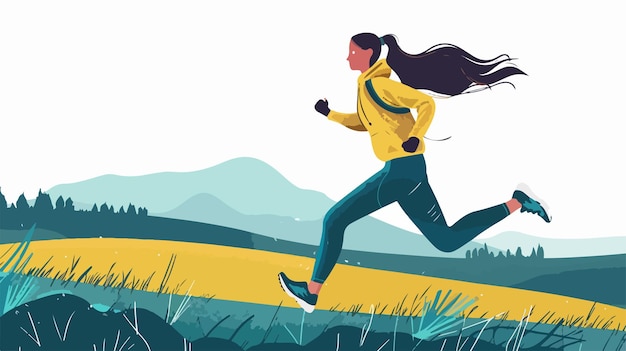 Vector woman running against natural landscape background