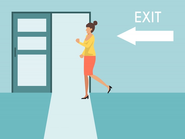 Vector woman running to exit. business woman runs exit door sign. girl escapes from the office