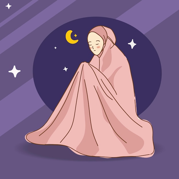 Woman salat pray and worship hand draw flat illustration