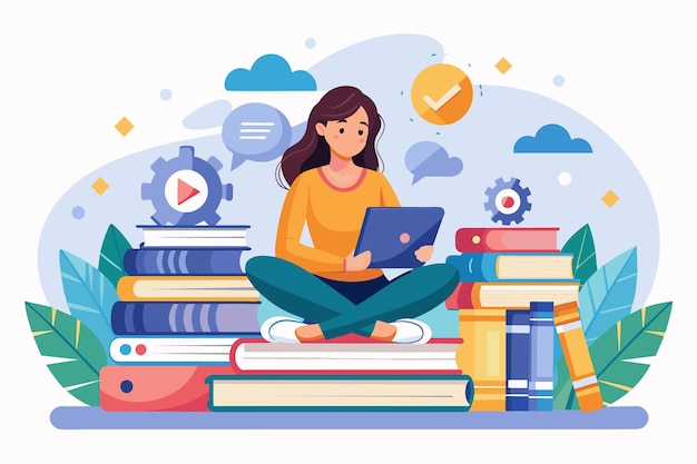 Vector woman sits on books uses tablet surrounded by icons symbolizing learning illustration shows value of knowledge in online learning