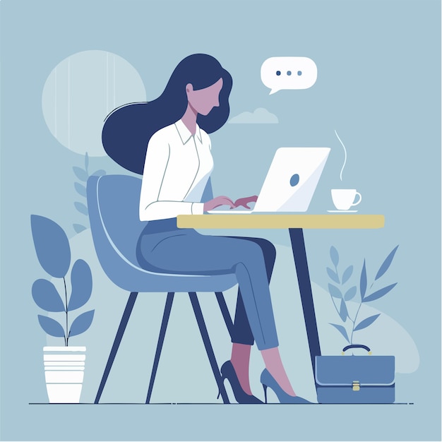 Vector a woman sits at a table with a laptop and a plant in the background