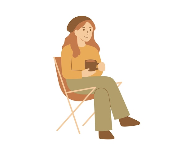 woman sitting in chair and holding coffee cup vector illustration