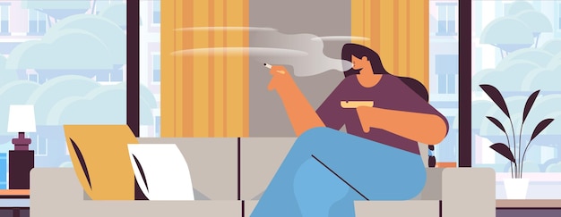 woman smoking cigarette bad habits unhealthy lifestyle nicotine addiction no smoking concept living room interior horizontal portrait vector illustration