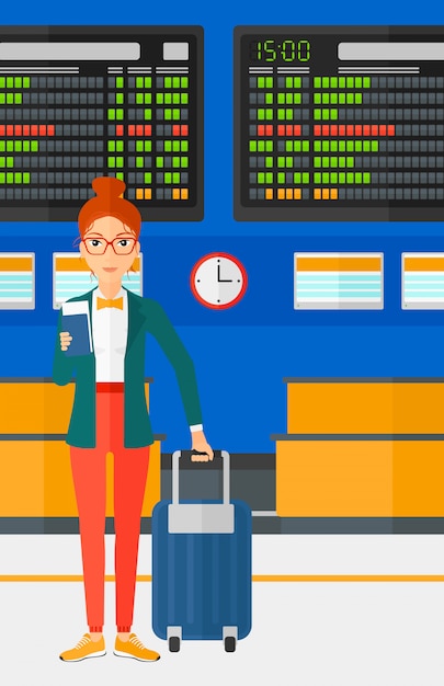 Vector woman standing with suitcase and holding ticket