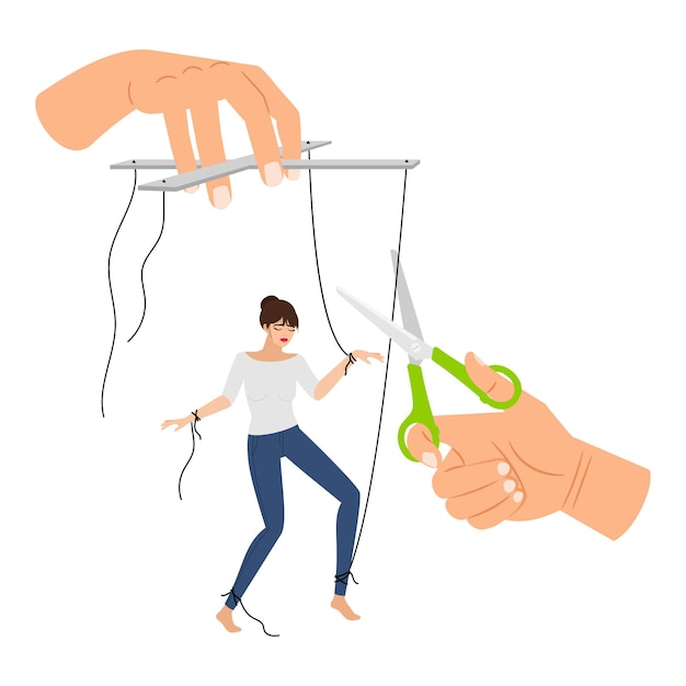 Woman stop manipulation. Girl is freed from toxic manipulations, manipulator hands with cut strings female marionette, worker or spouse manipulates release concept