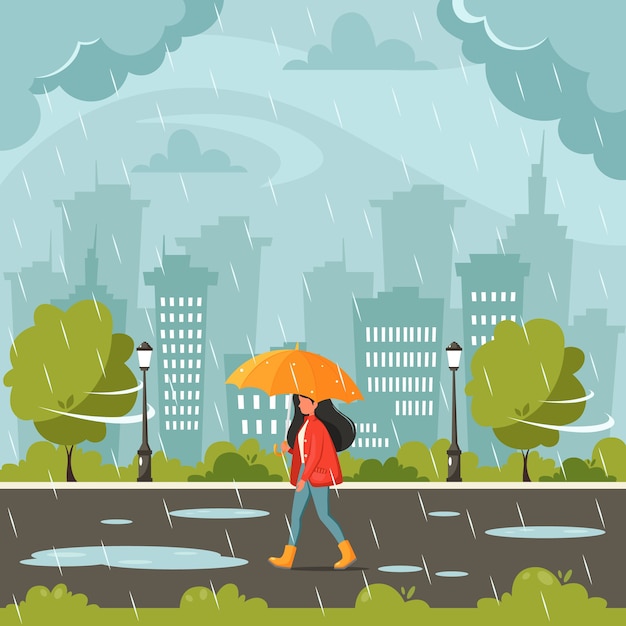 Woman walking under an umbrella during the rain. Fall rain. Autumn outdoor activities.