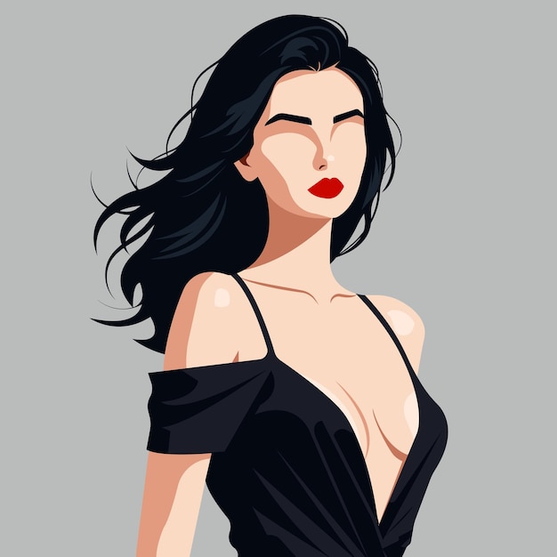 Vector a woman with a black hair and a red lips is standing in front of a gray background