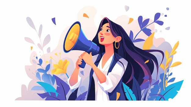 a woman with a megaphone in her hand is in a field of flowers