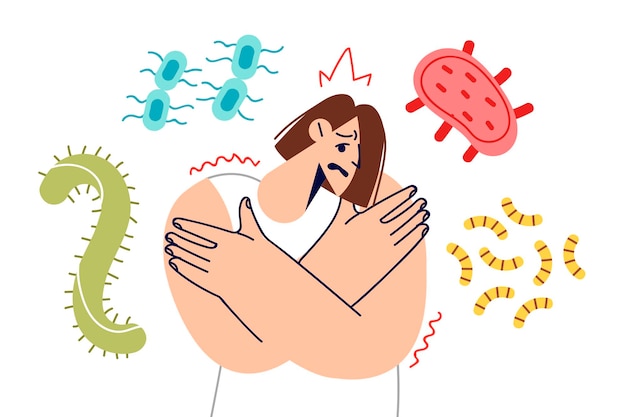 Vector woman with weak immunity stands among bacteria and viruses or worms and needs vitamins