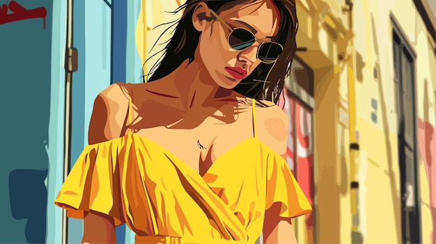 a woman in a yellow dress is standing in front of a building with a yellow dress on