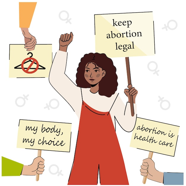 Women protest prochoice activists holding signs My Body My Choice Keep abortion legal abortion is health care People with placards supporting abortion rights at protest demonstration vector flat