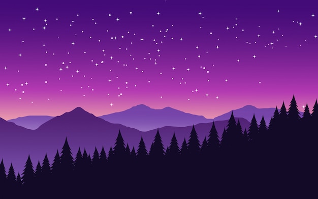 Wonderful starry night over pine forest with mountain