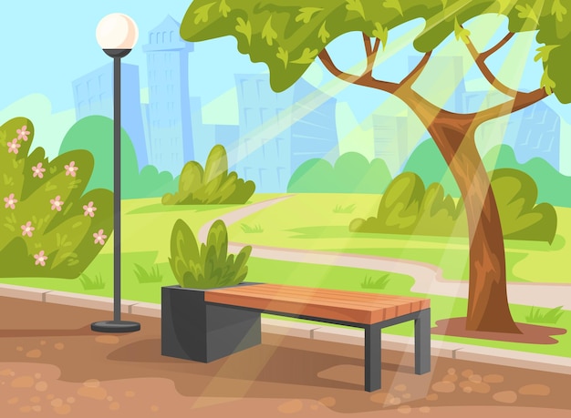 Vector wooden bench park landscape benches seat place in central park city outside cartoon scene tree outdoor nature and footpath street path alley urban garden neat vector illustration