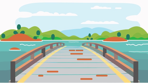 Vector wooden bridge across calm river leading towards green hills islands flat style scenic landscape