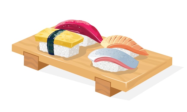 Wooden geta tray served with maguro, saba, tamago and hirame sushi