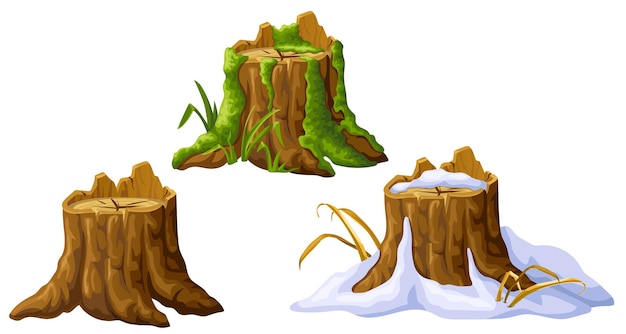 Wooden log in moss under snow Cartoon tree in swamp jungle Broken oak and snowdrifts