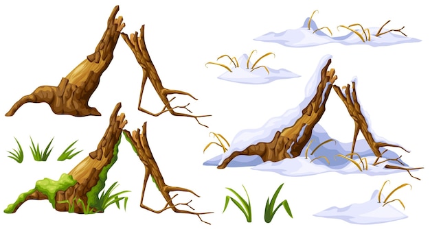 Wooden log in moss under snow Cartoon tree in swamp and snowdrifts