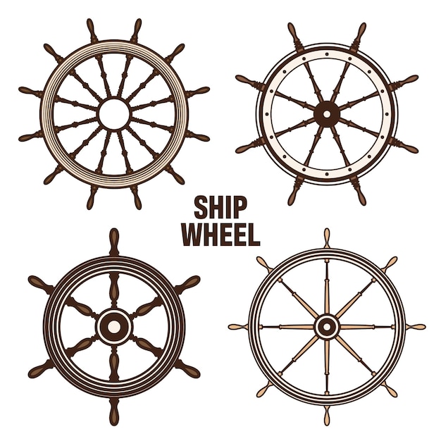 Vector wooden vintage steering wheels ship sailboat or yacht retro wheel symbol brown nautical rudder icon