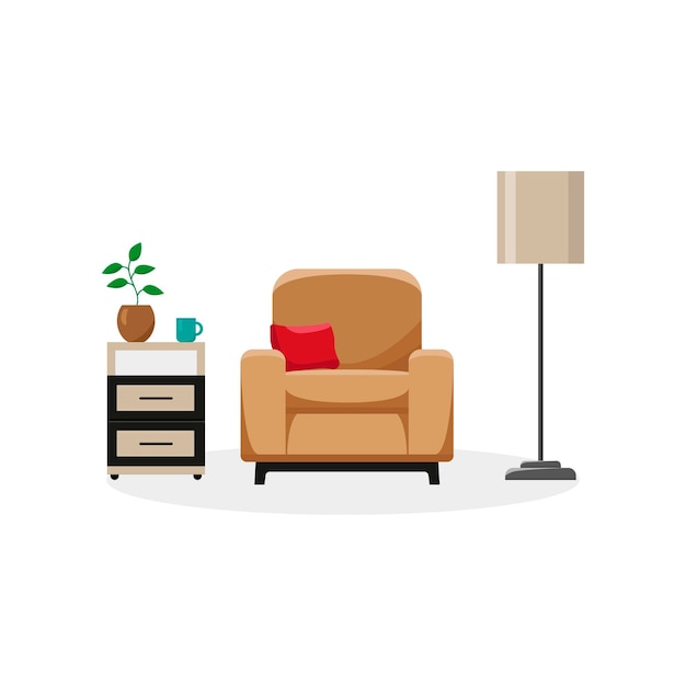 Woonkamer met fauteuillamp en nachtkastje Vectorillustratie in vlakke stijl