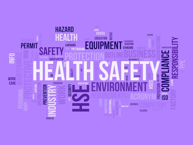 Vector word cloud background concept for health safety environment hse business education regulation safe workplace quality of security equipment permit vector illustration