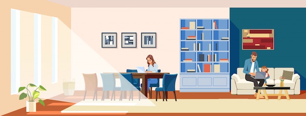 Work at home concept. Freelance female mother with a laptop sitting on a chair. A father and child watch a laptop in a cozy home interior. Cute illustration in a cartoon flat style.