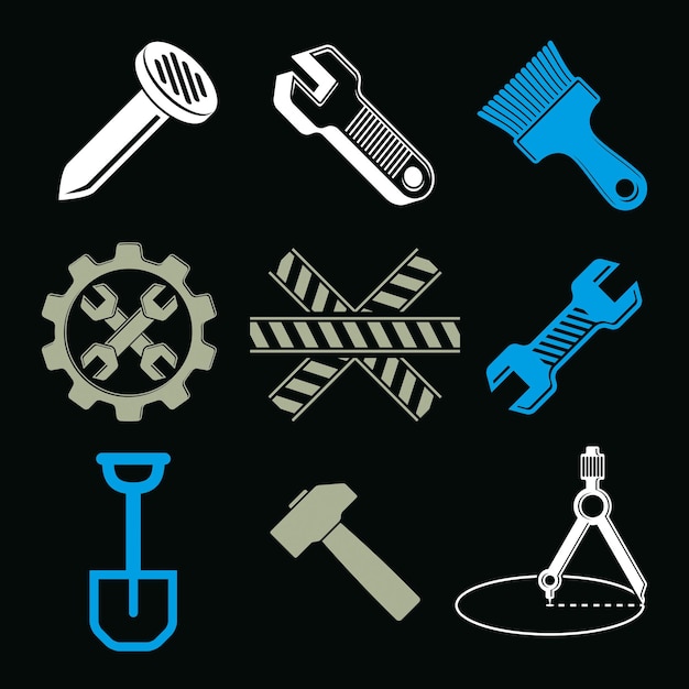 Vector work tools collection, repair instruments for carpentry and manufacturing. set of high quality elements, for use in graphic design.