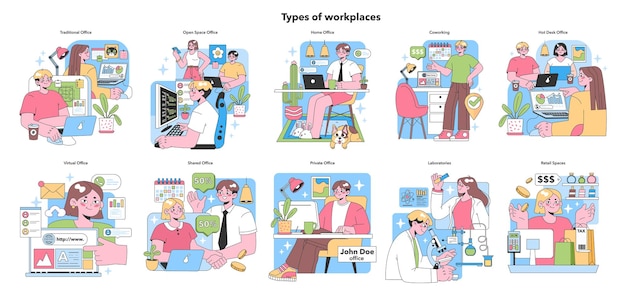 Workplace variety set diverse office spaces and environments portrayed traditional to virtual shared