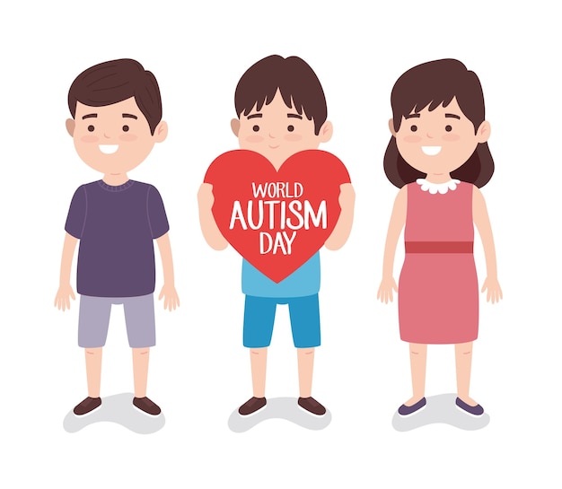 Vector world autism day lettering with little kids lifting heart  illustration 