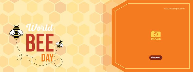 Vector world bee day vector design banner template white honeycomb pattern and bee illustration