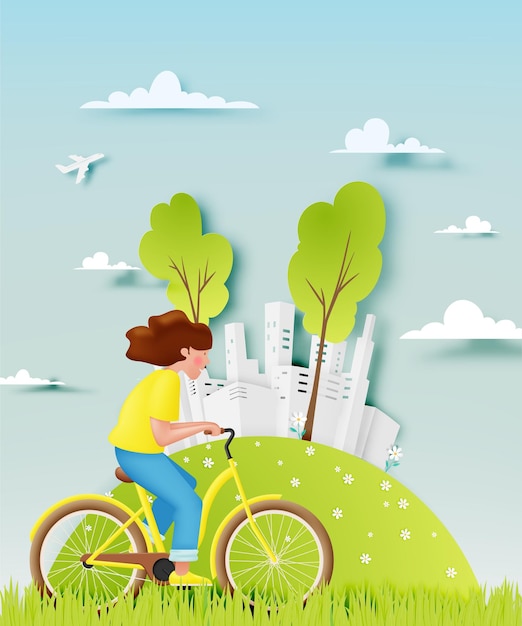 World bicycle day and car free day in pastel color scheme concept art vector illustration