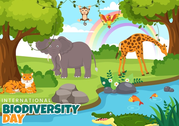 Vector world biodiversity day on may 22 illustration with biological diversity and animal in templates