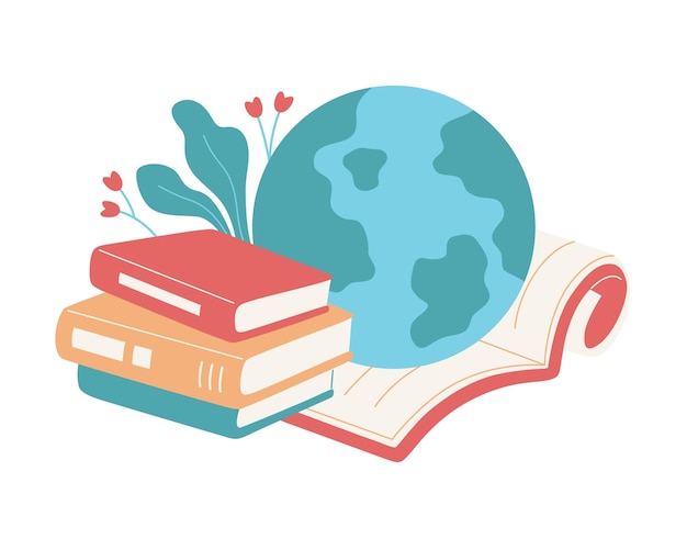 world book day with earth planet and pile of books vector illustration design