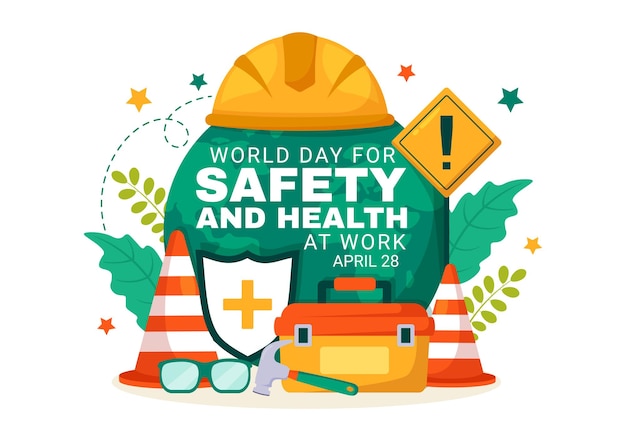Vector world day for safety and health at work illustration with mechanic tool and construction helmet