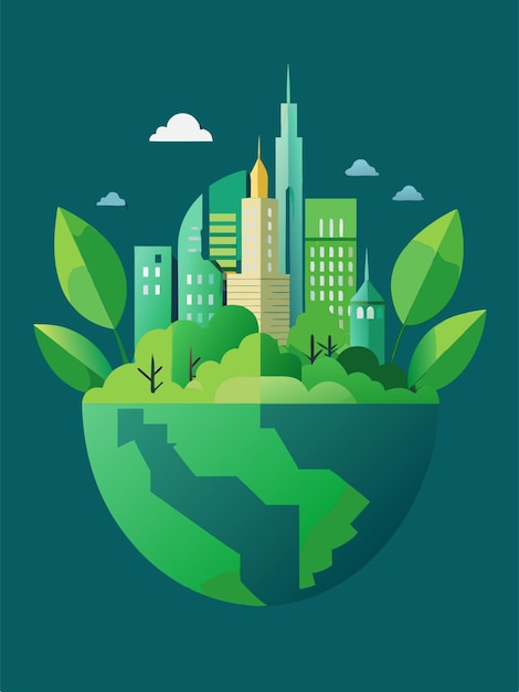 Vector world earth day green city and world filled with green leaves paper illustration and 3d paper