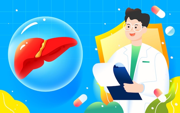 World hepatitis day, doctor examines liver to treat hepatitis disease, vector illustration