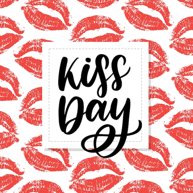 Vector world kissing day lettering on lips pattern background.