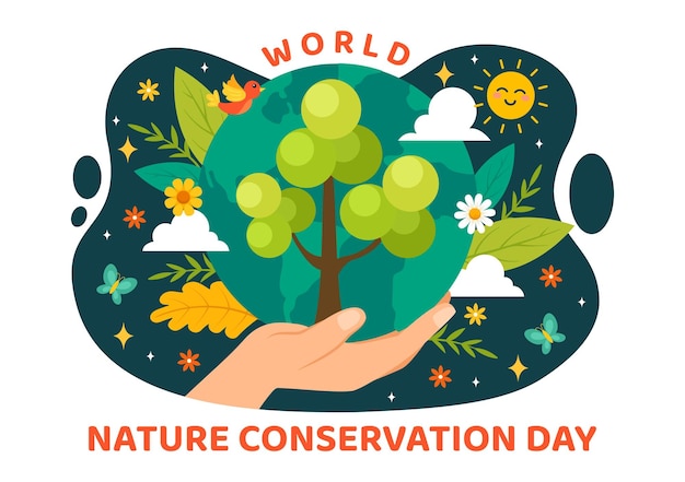 Vector world nature conservation day illustration with tree and eco friendly ecology for preservation